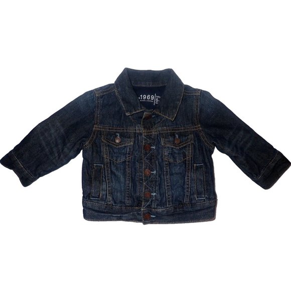 Baby Gap Denim Jacket Unisex Snap Lined Blue Denim‎ Trucker Jacket 6-12 Months - Picture 1 of 5
